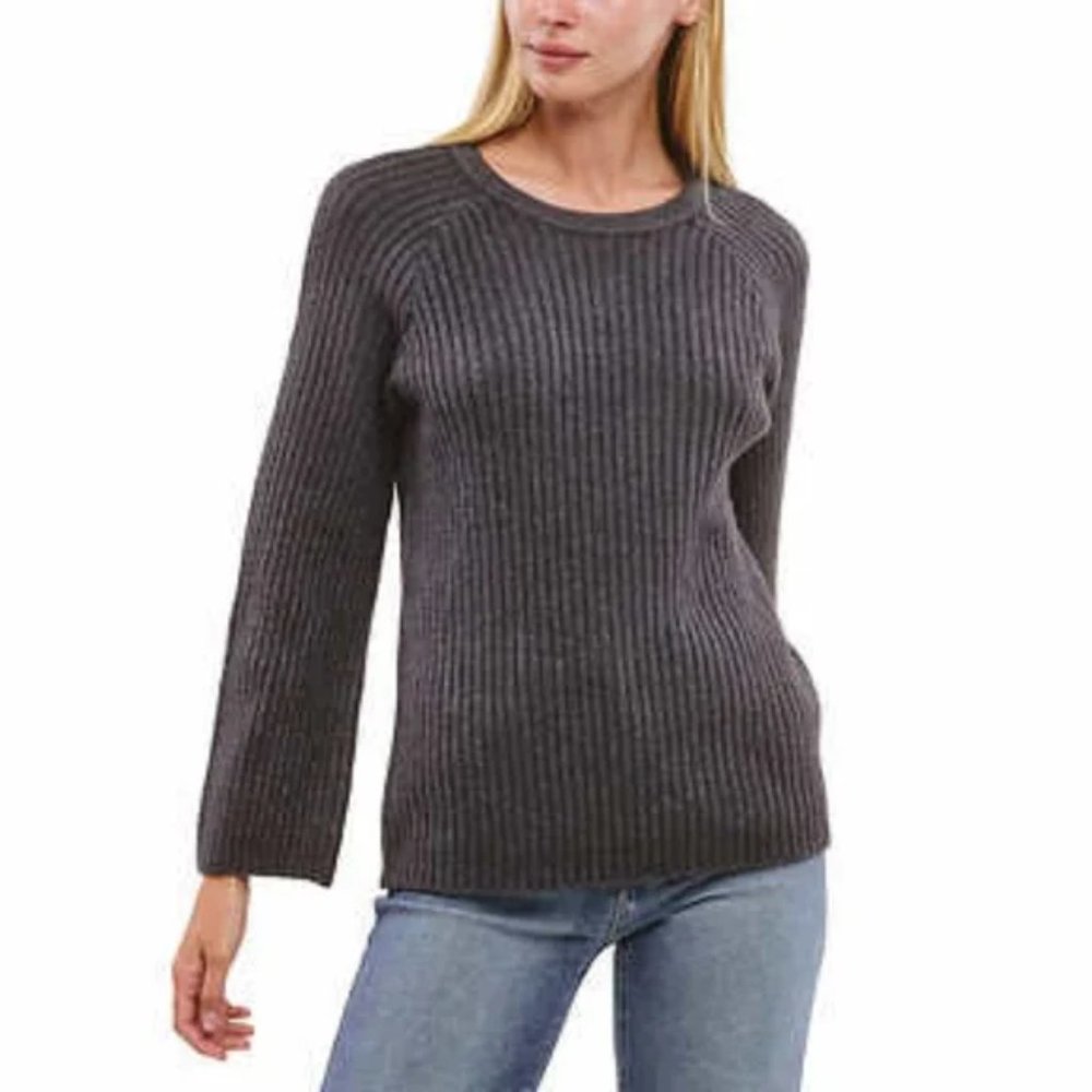 NWT Fever Women's Ribbed Crew Neck Bell Sleeve Sweater Gray Size L $60 FFF115